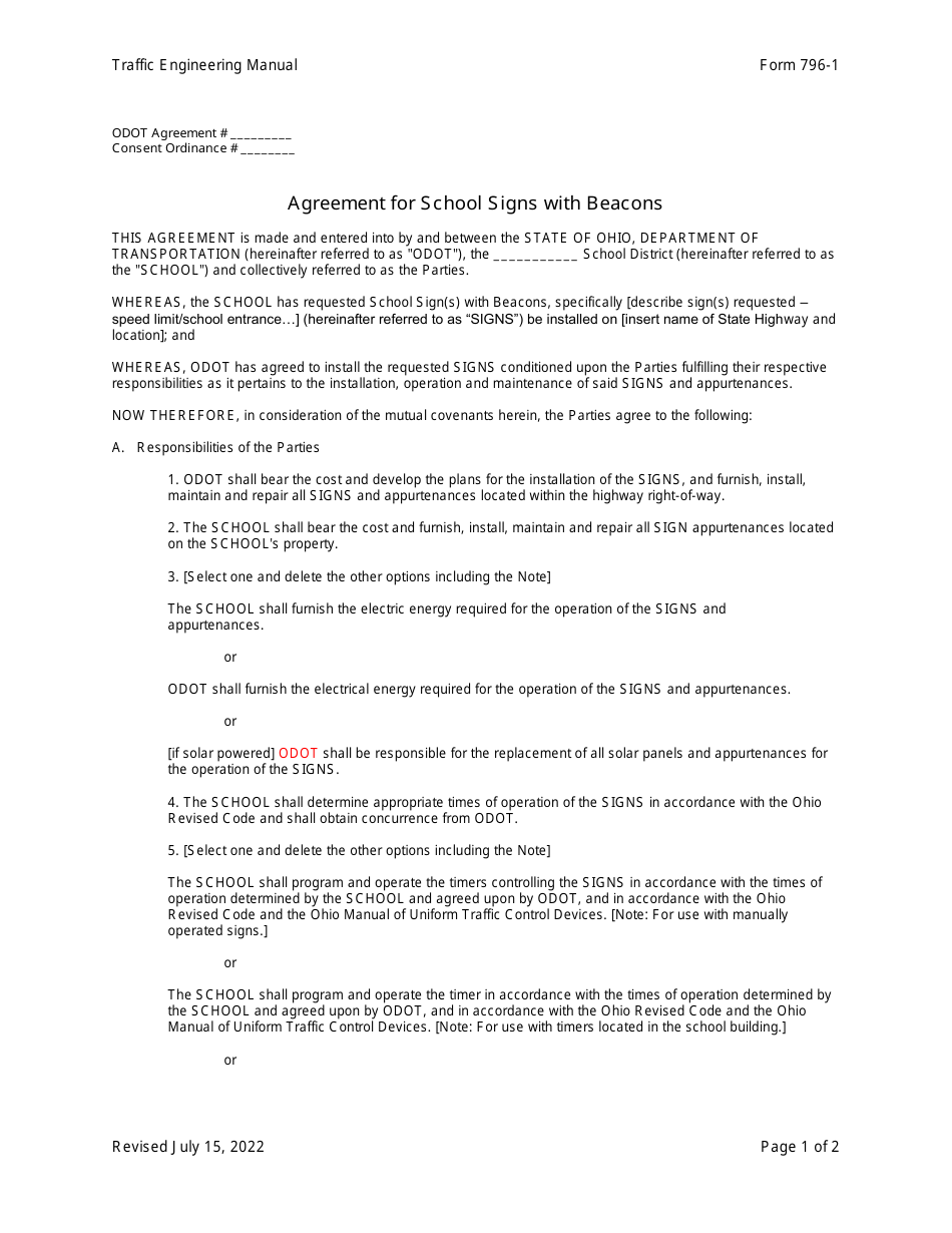 Form 796-1 Agreement for School Signs With Beacons - Ohio, Page 1