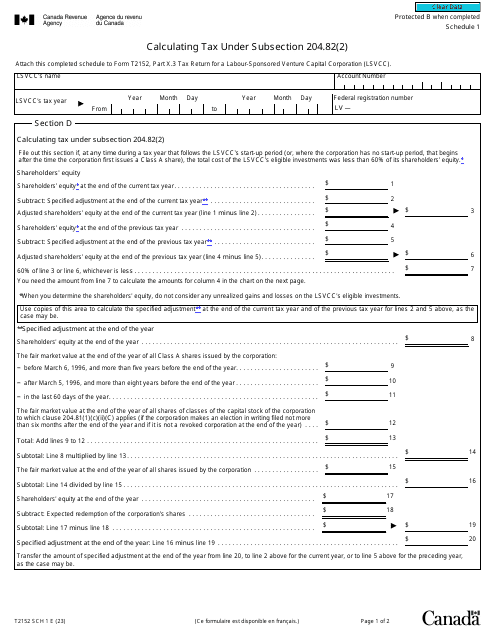 Form T2152 Schedule 1 Calculating Tax Under Subsection 204.82(2) - Canada