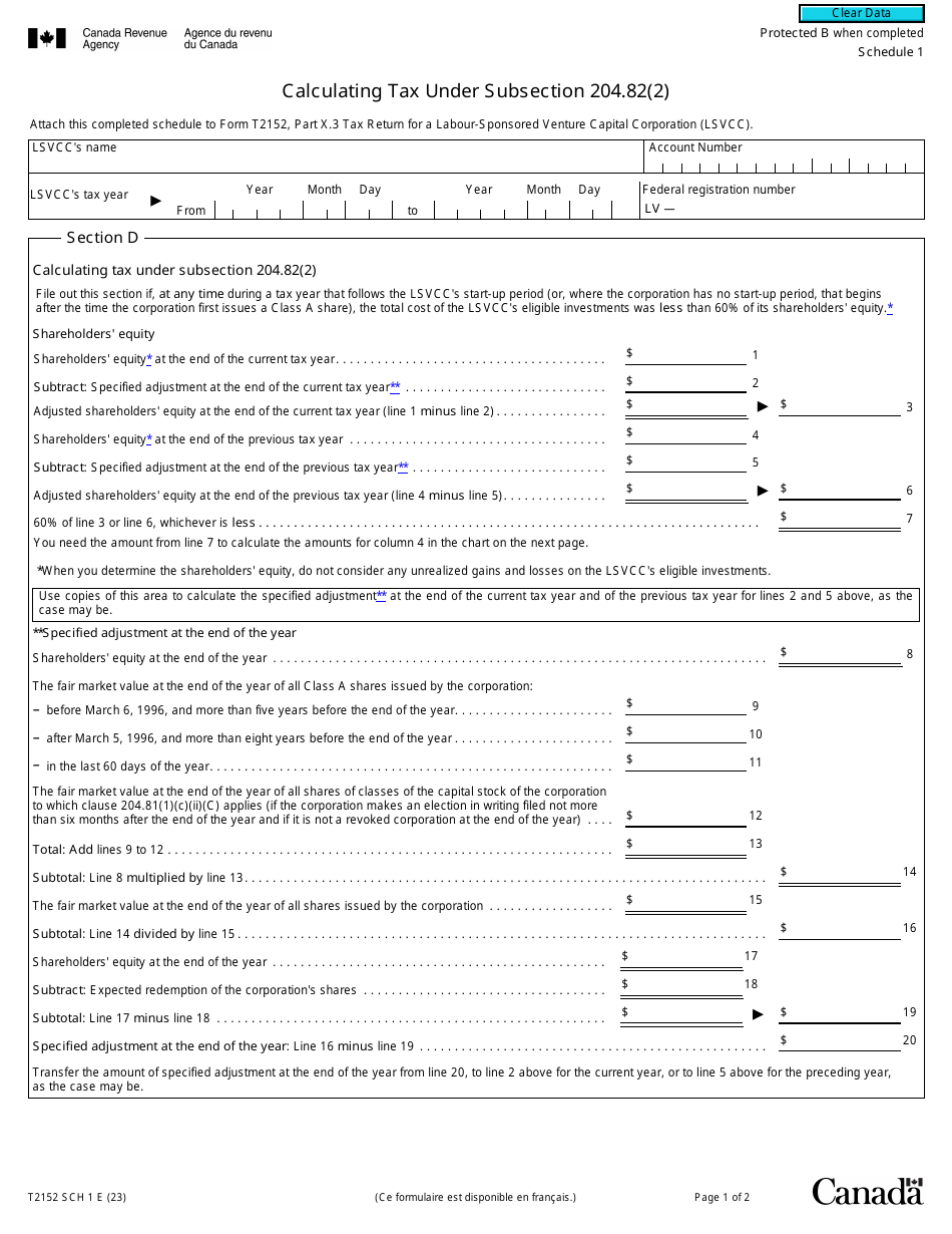 Form T2152 Schedule 1 Calculating Tax Under Subsection 204.82(2) - Canada, Page 1