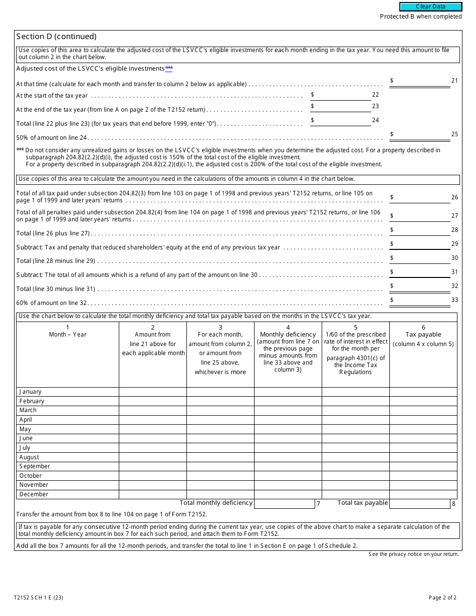 Form T2152 Schedule 1 Calculating Tax Under Subsection 204.82(2) - Canada, Page 2