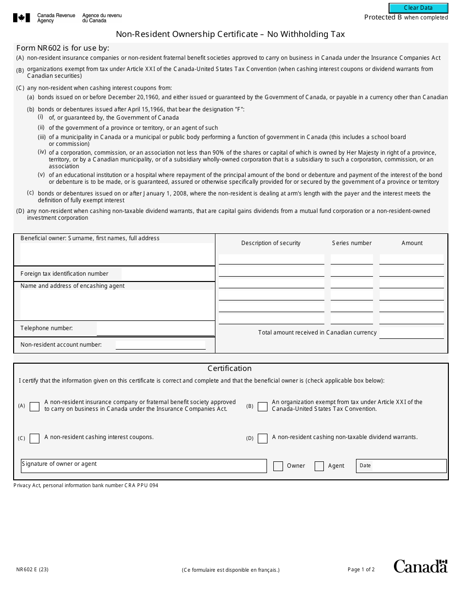 Form NR602 Non-resident Ownership Certificate - No Withholding Tax - Canada, Page 1