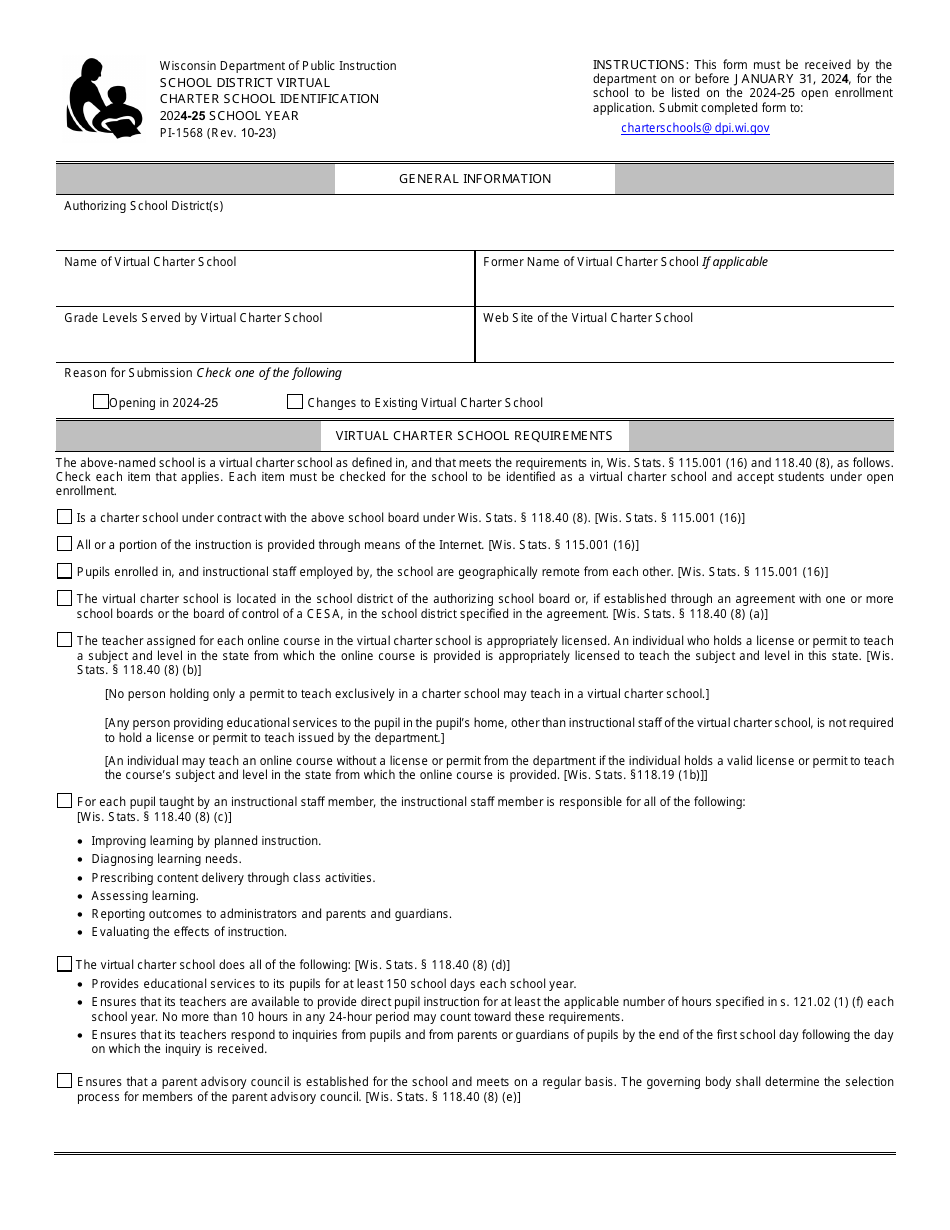 Form PI-1568 School District Virtual Charter School Identification - Wisconsin, Page 1