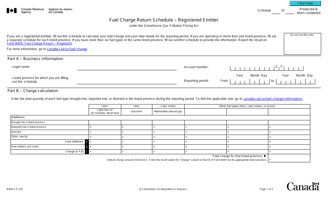 Form B400-3 Fuel Charge Return Schedule - Registered Emitter - Canada