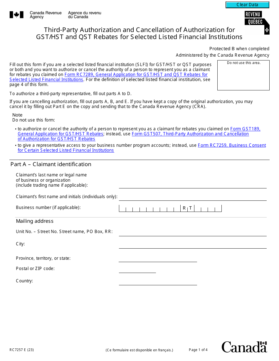 Form RC7257 Third-Party Authorization and Cancellation of Authorization for Gst / Hst and Qst Rebates for Selected Listed Financial Institutions - Canada, Page 1