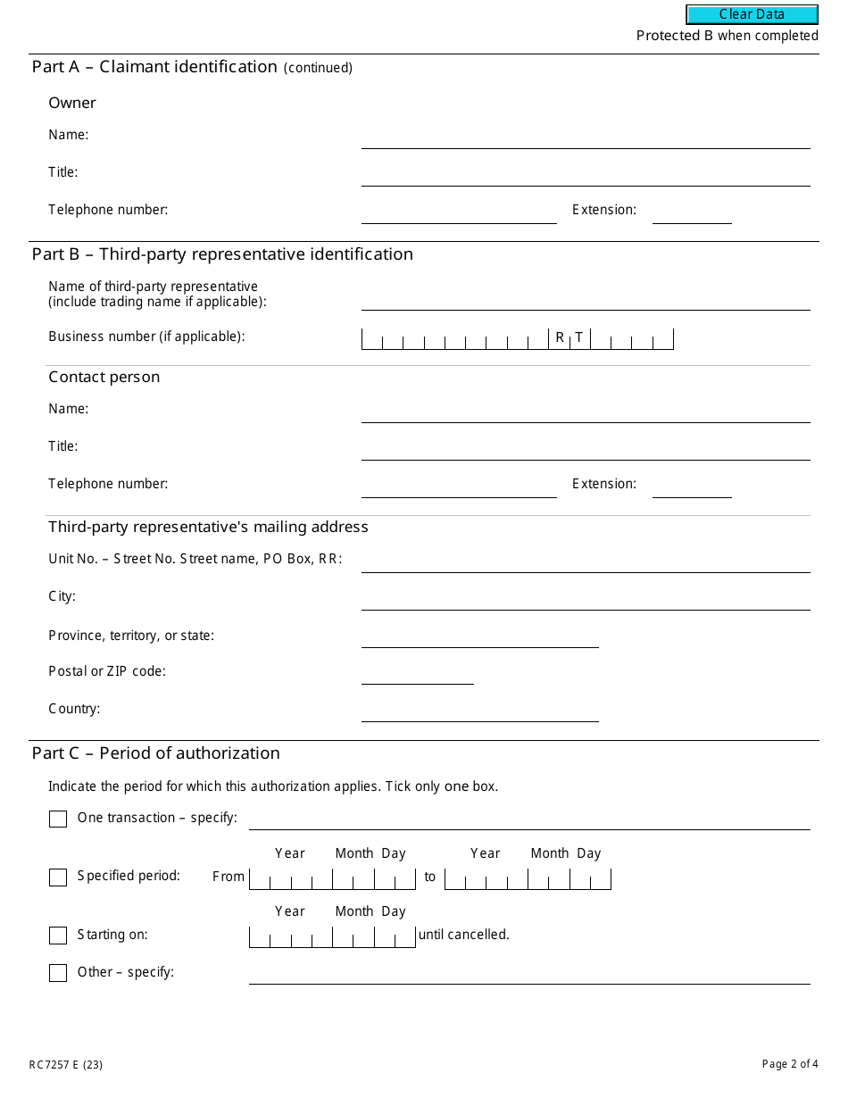 Form RC7257 Third-Party Authorization and Cancellation of Authorization for Gst / Hst and Qst Rebates for Selected Listed Financial Institutions - Canada, Page 2