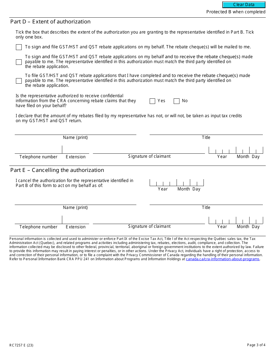 Form RC7257 Third-Party Authorization and Cancellation of Authorization for Gst / Hst and Qst Rebates for Selected Listed Financial Institutions - Canada, Page 3