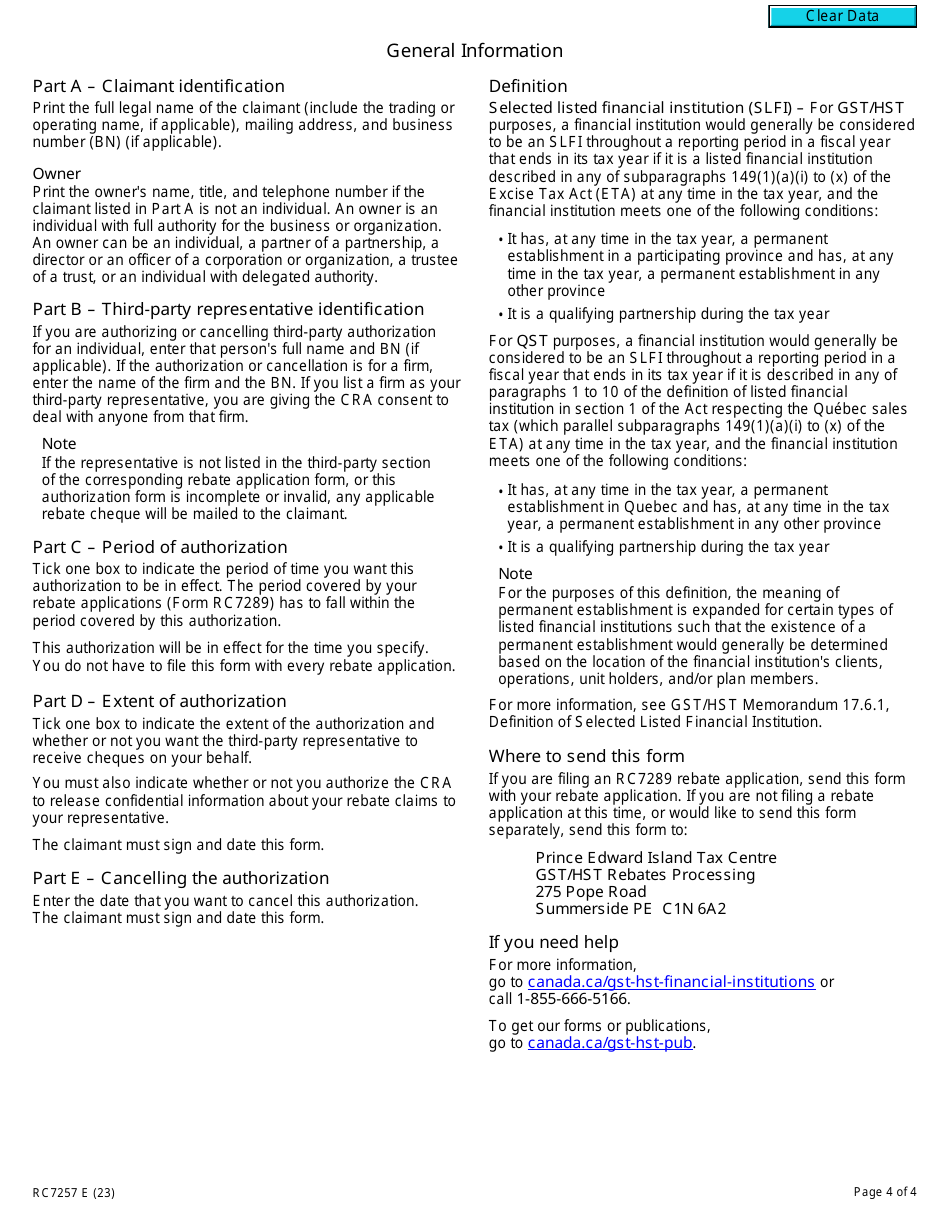Form RC7257 Third-Party Authorization and Cancellation of Authorization for Gst / Hst and Qst Rebates for Selected Listed Financial Institutions - Canada, Page 4