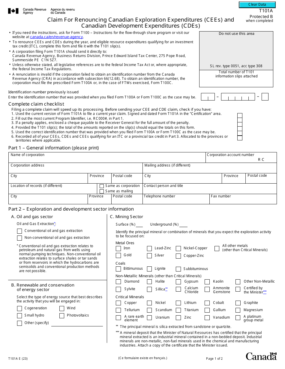 Form T101A Claim for Renouncing Canadian Exploration Expenditures (Cees) and Canadian Development Expenditures (Cdes) - Canada, Page 1