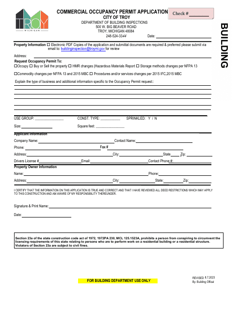 Commercial Occupancy Permit Application - City of Troy, Michigan Download Pdf