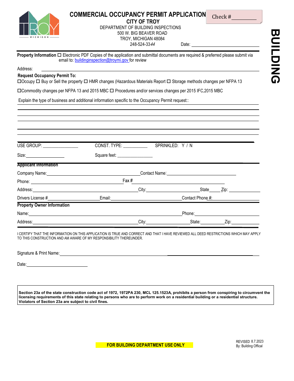 Commercial Occupancy Permit Application - City of Troy, Michigan, Page 1