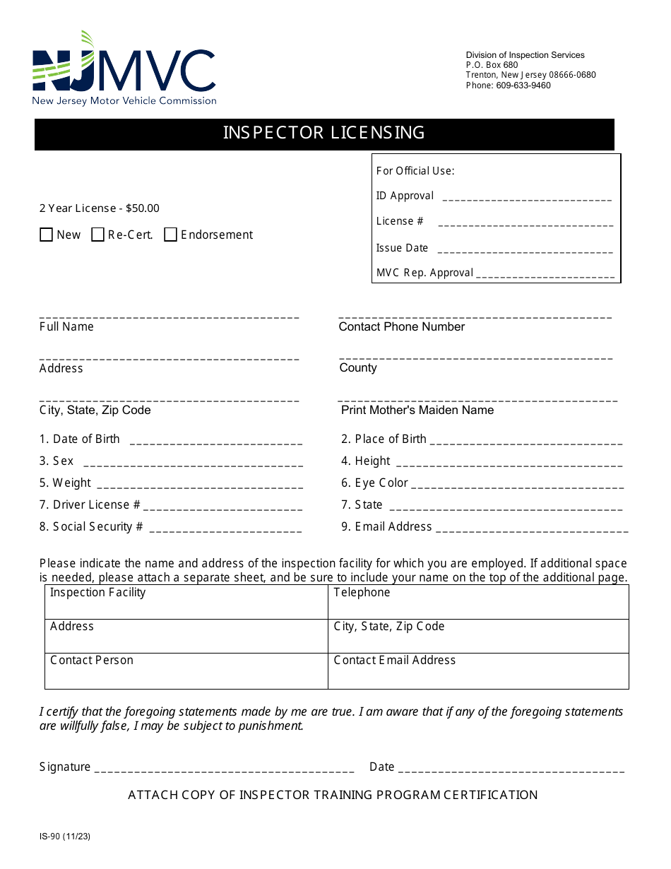 Form IS-90 Inspector Licensing Application - New Jersey, Page 1