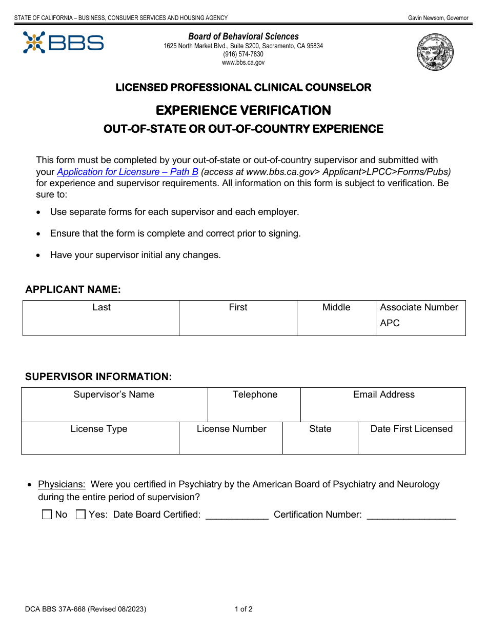Form DCA BBS37A-668 Licensed Professional Clinical Counselor Experience Verification - Out-of-State or out-Of-Country Experience - California, Page 1