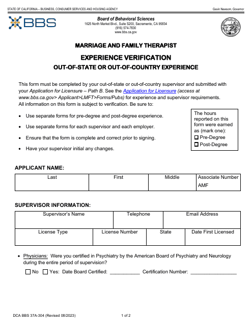 Form DCA BBS37A-304 Marriage and Family Therapist Experience Verification - Out-of-State or out-Of-Country Experience - California