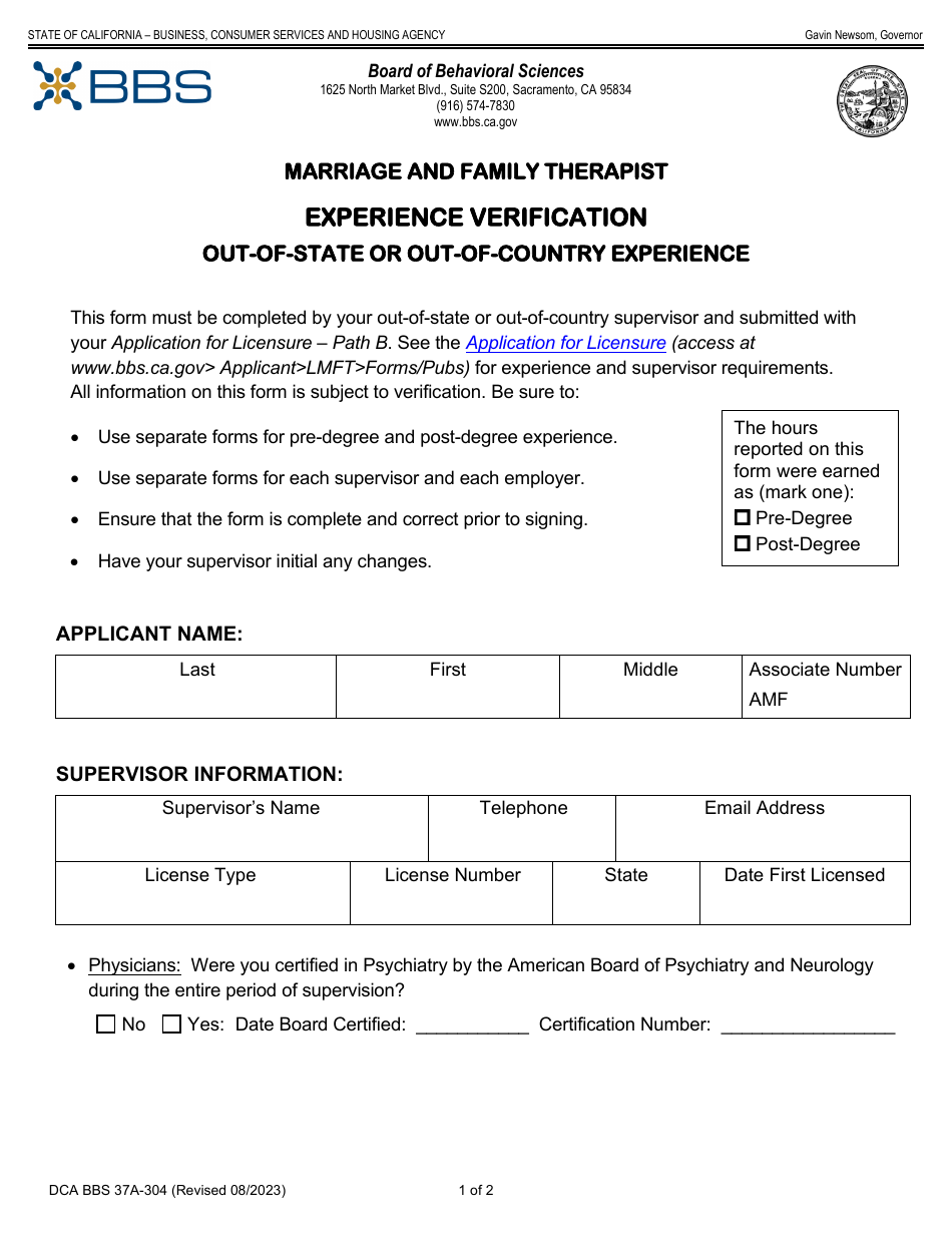 Form DCA BBS37A-304 Marriage and Family Therapist Experience Verification - Out-of-State or out-Of-Country Experience - California, Page 1