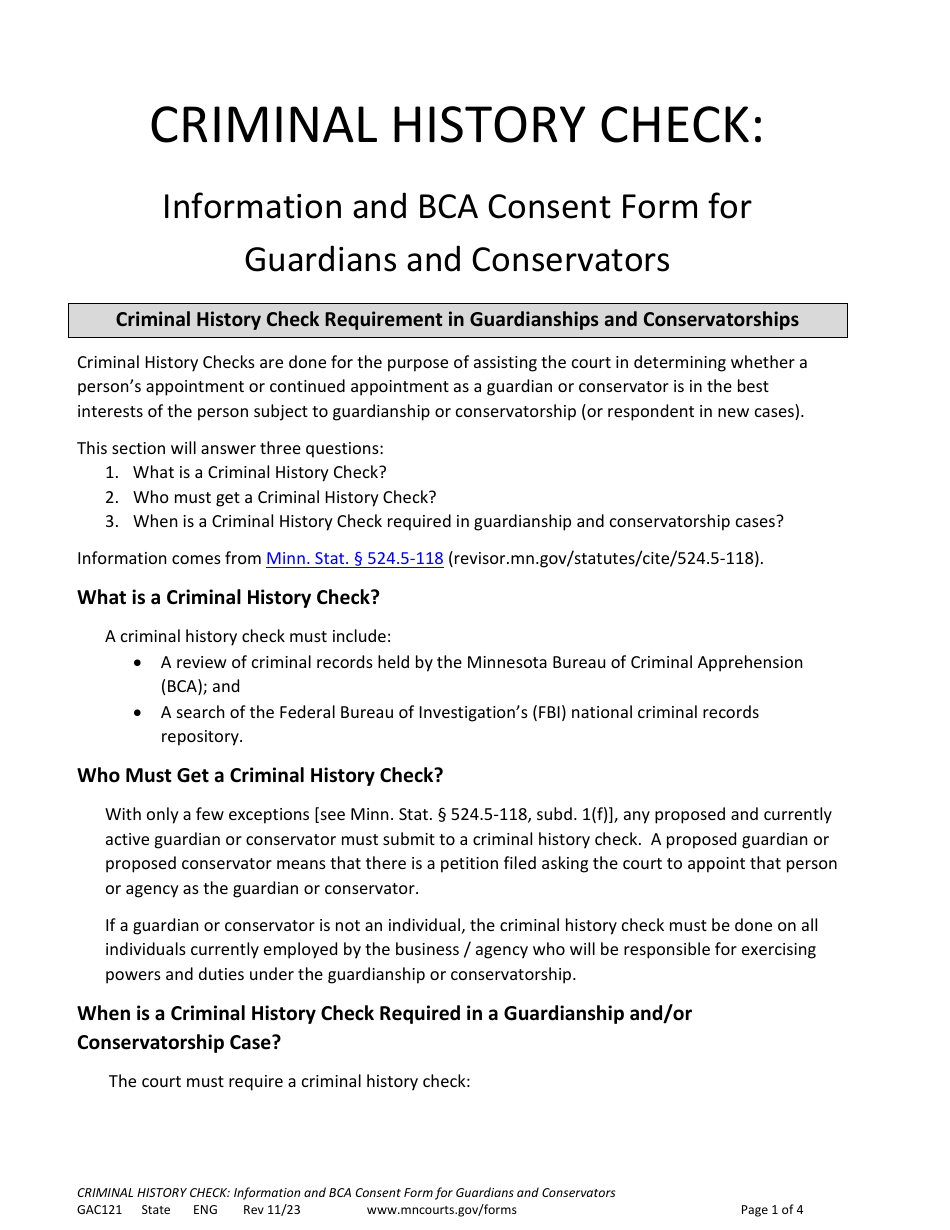 Form GAC121 Bca Criminal History Check Consent Form (Guardianship / Conservatorship) - Minnesota, Page 1