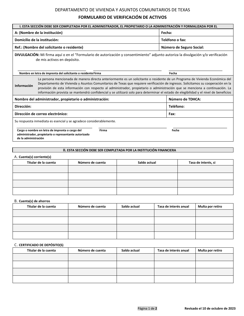 Formulario De Verificacion De Activos - Texas (Spanish), Page 1