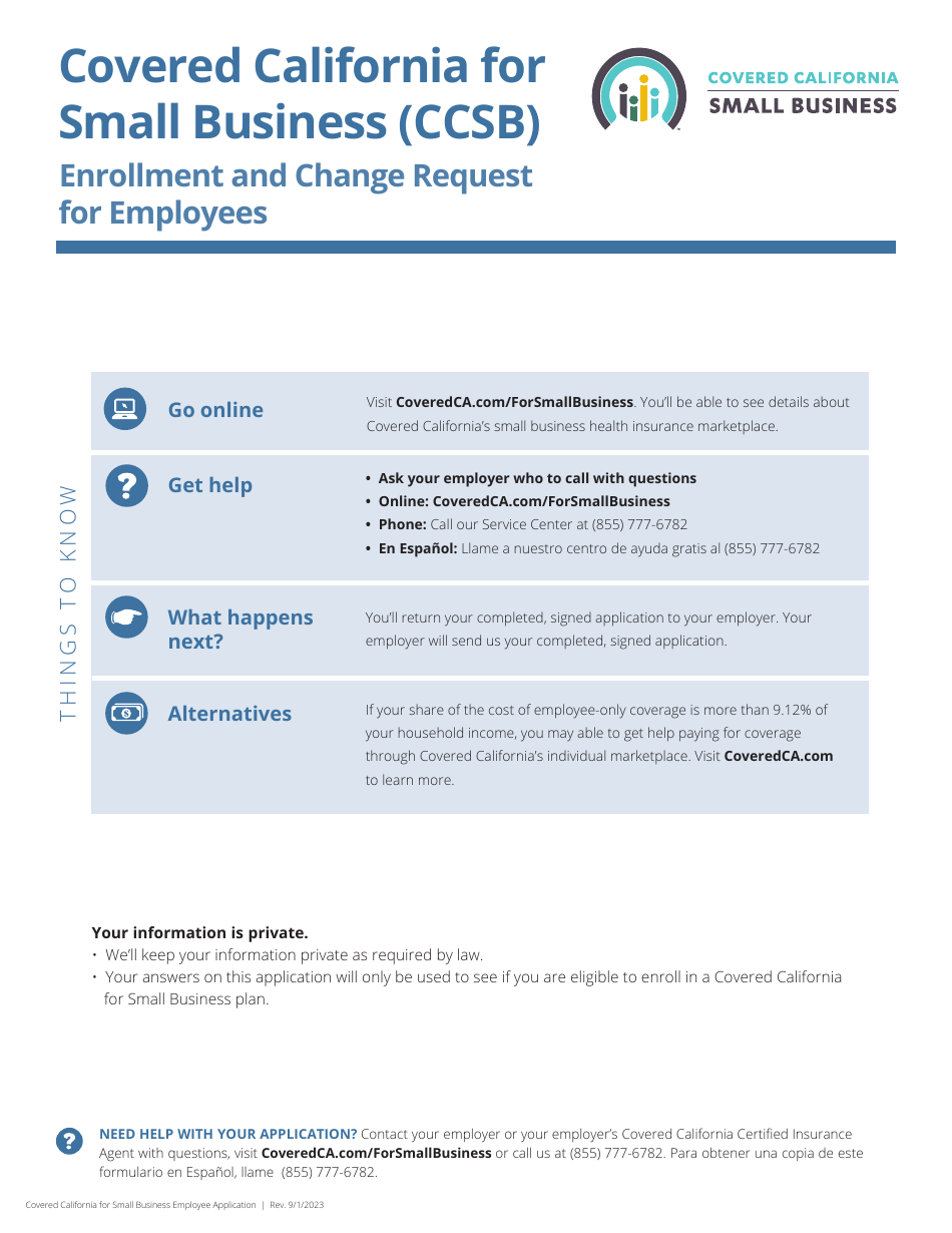 Covered California for Small Business (Ccsb) Enrollment and Change Request for Employees - California, Page 1