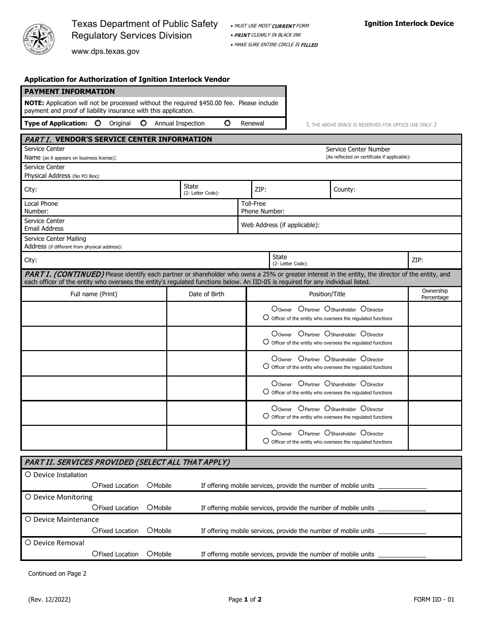 Form IID01 Download Fillable PDF or Fill Online Application for