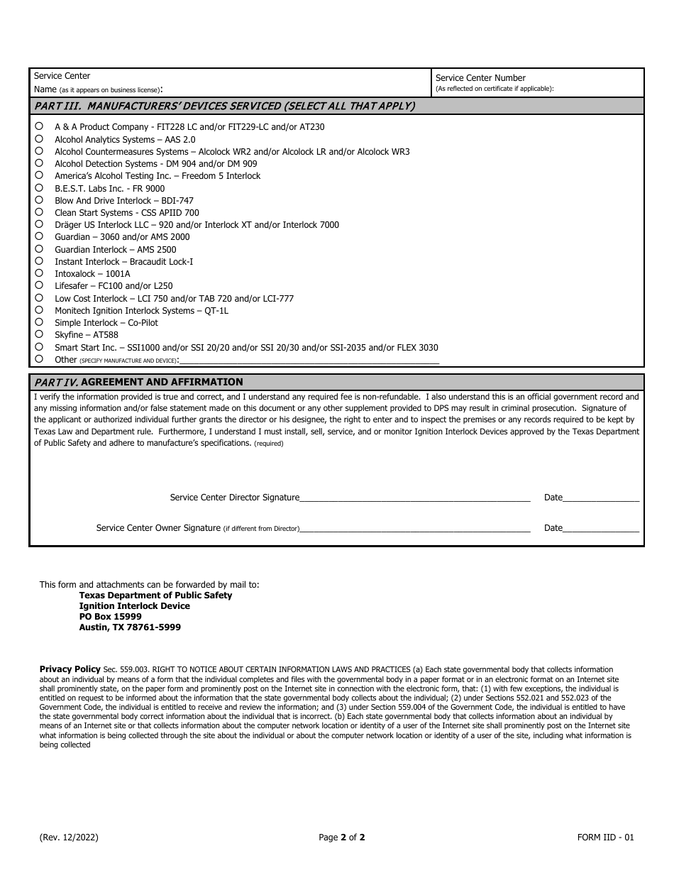 Form IID-01 Application for Authorization of Ignition Interlock Vendor - Texas, Page 2