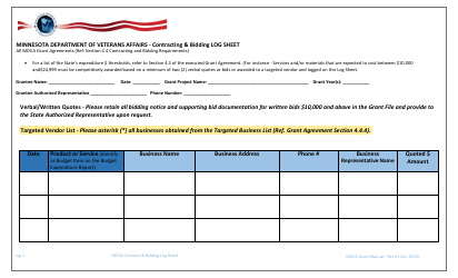 Document preview: Contracting & Bidding Log Sheet - Minnesota