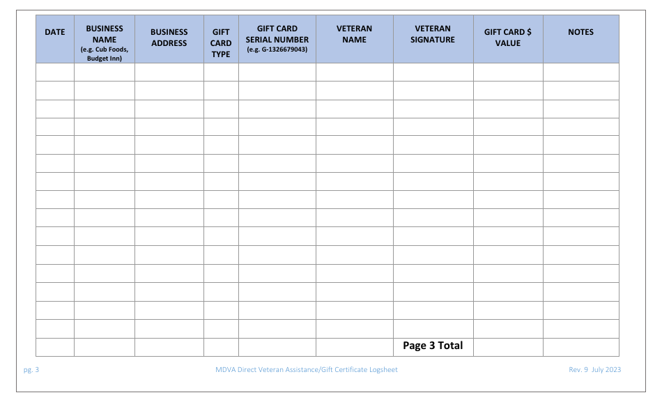 Veteran Gift Certificate Log Sheet - Minnesota, Page 3
