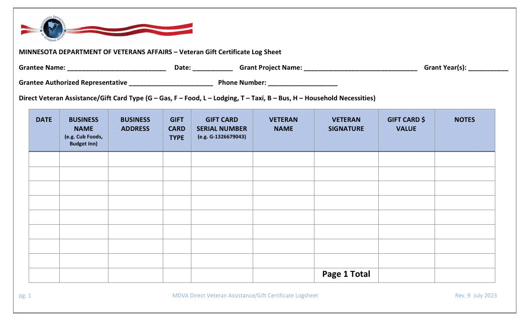 Veteran Gift Certificate Log Sheet - Minnesota Download Pdf