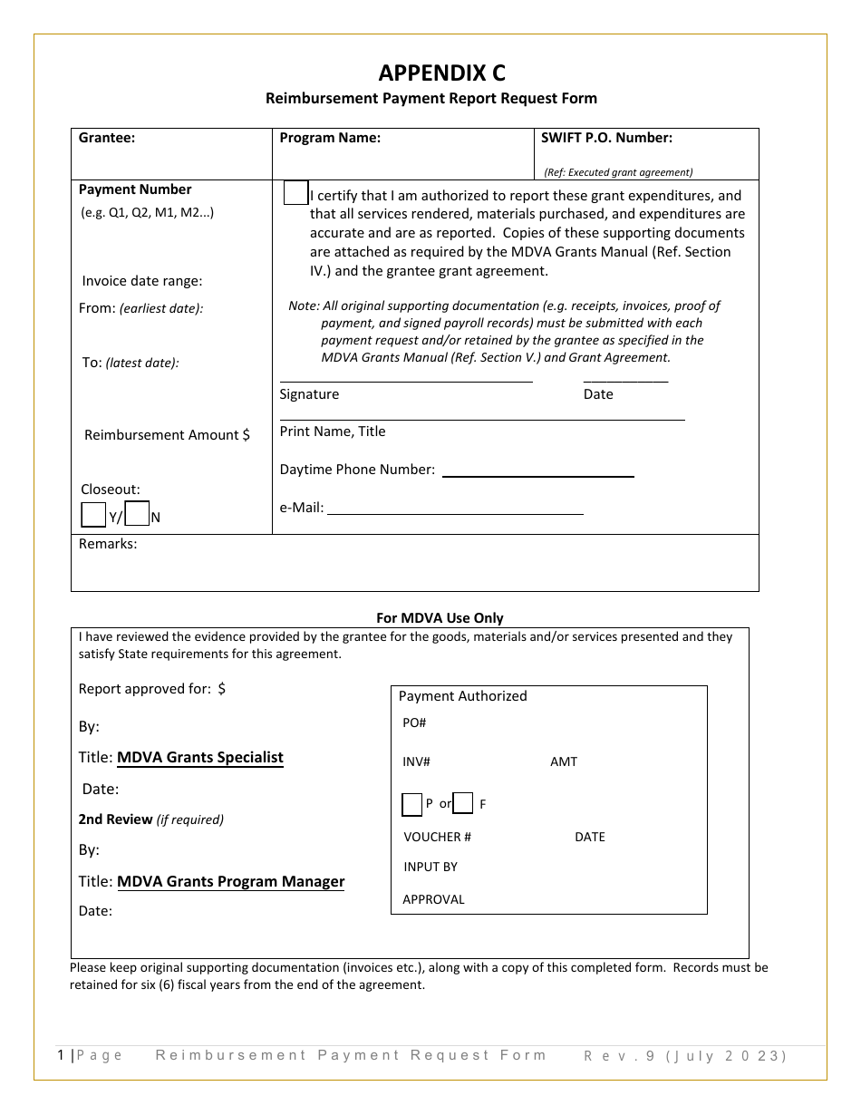 Appendix C Reimbursement Payment Report Request Form - Minnesota, Page 1