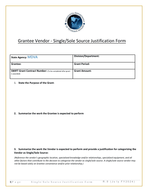 Grantee Vendor - Single/Sole Source Justification Form - Minnesota, 2024