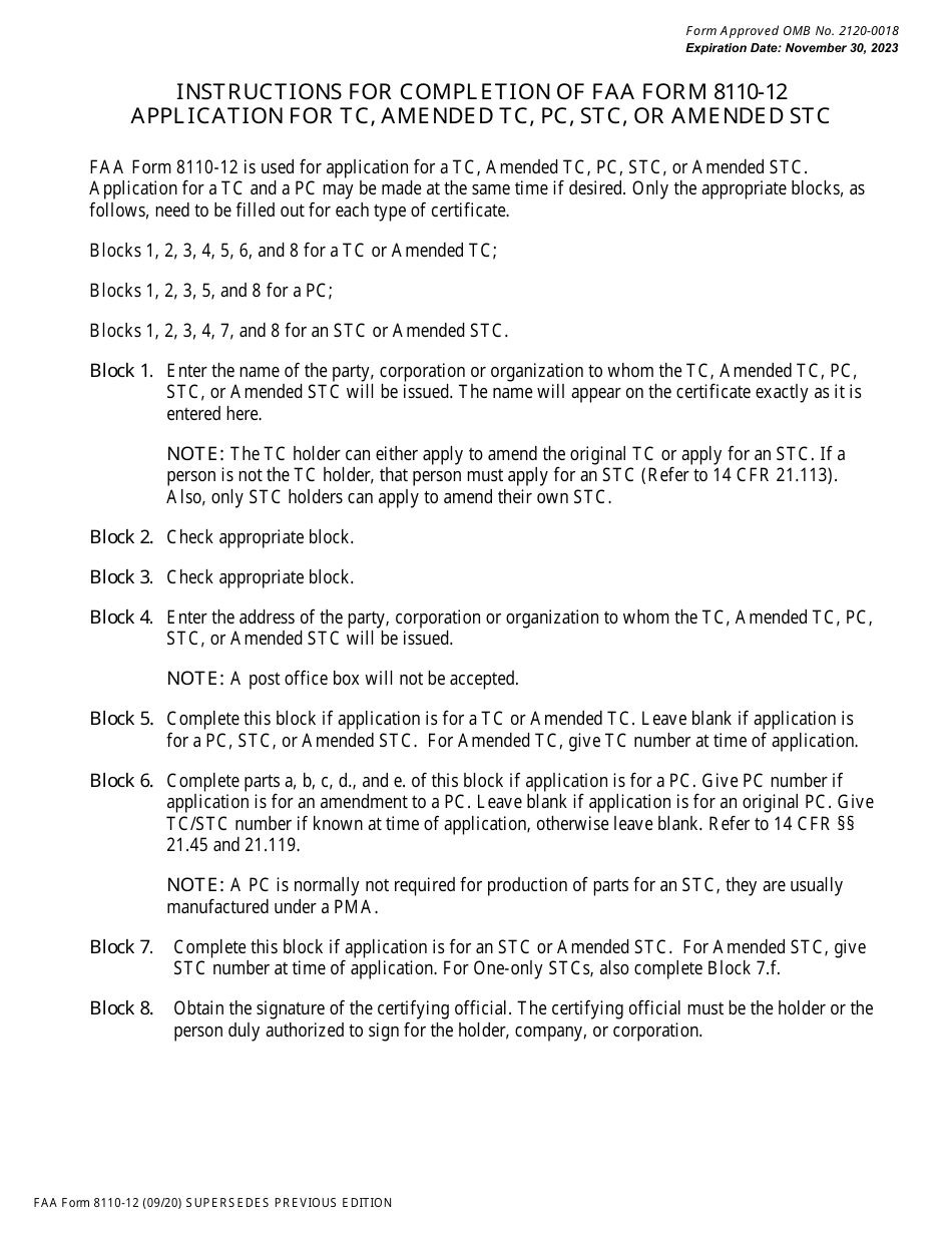 FAA Form 8110-12 Application for Type Certificate, Production Certificate, or Supplemental Type Certificate, Page 2