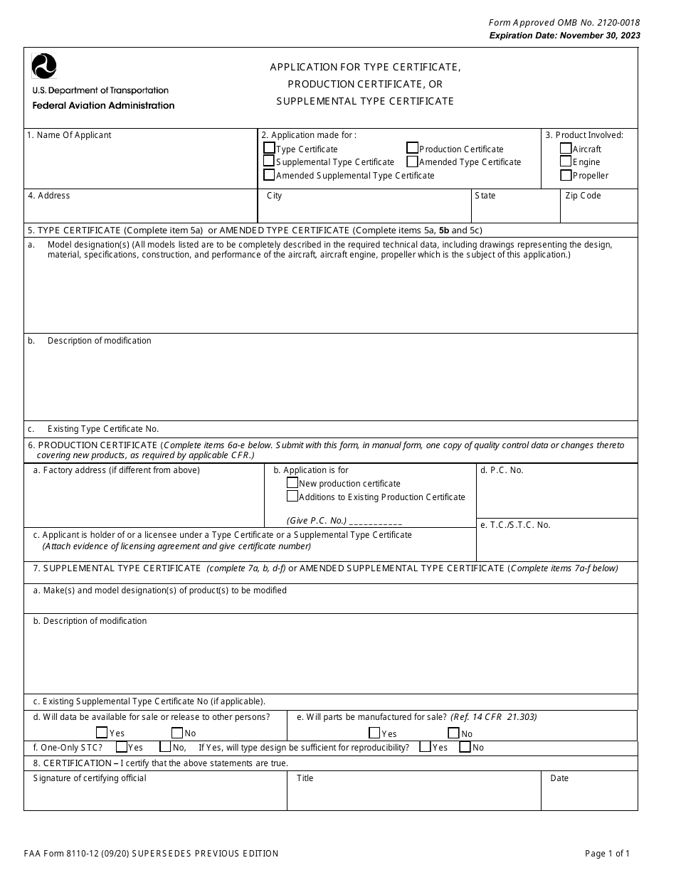 FAA Form 8110-12 Application for Type Certificate, Production Certificate, or Supplemental Type Certificate, Page 3