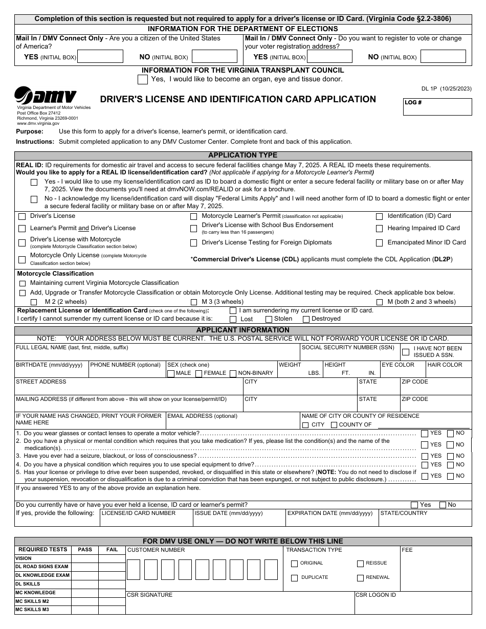 Form DL1P Drivers License and Identification Card Application - Virginia, Page 1