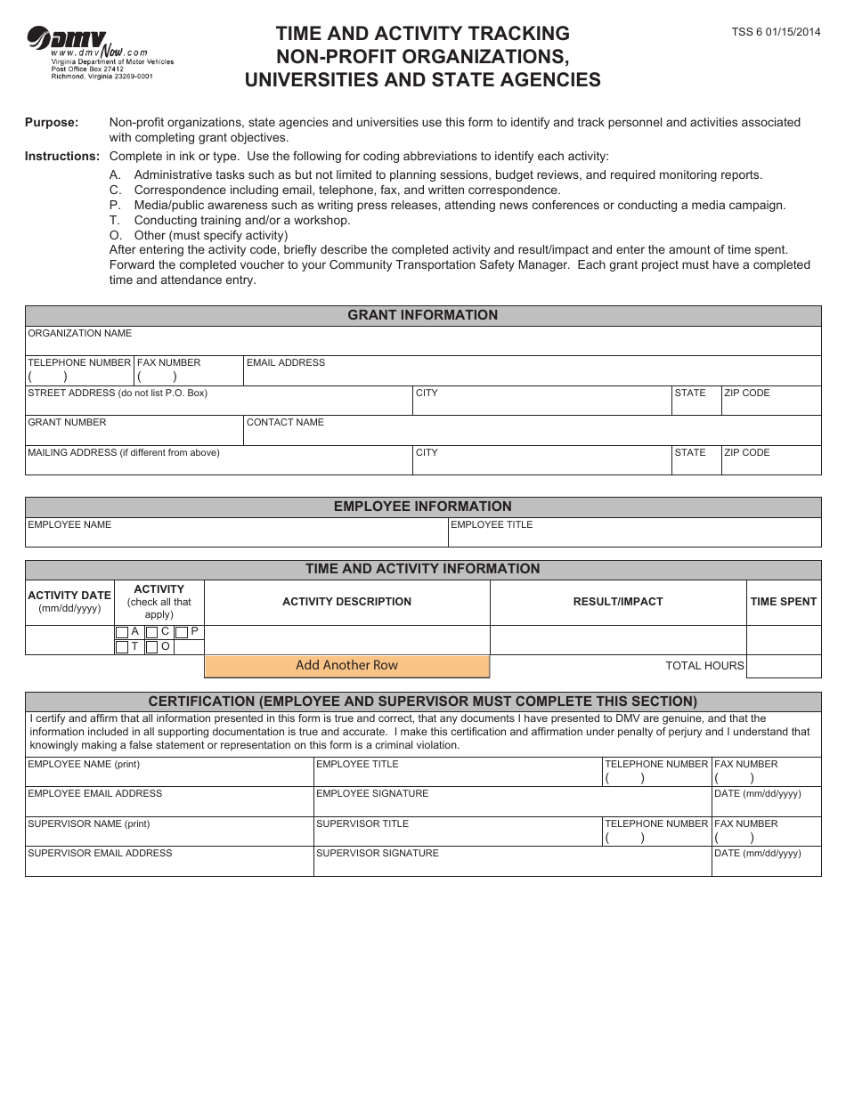 Form TSS6 Time and Activity Tracking Non-profit Organizations, Universities and State Agencies - Virginia, Page 1