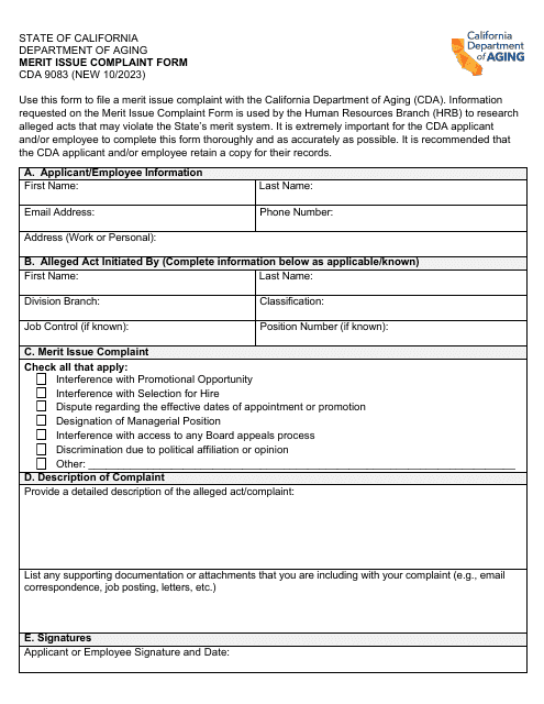 Form CDA9083 Merit Issue Complaint Form - California