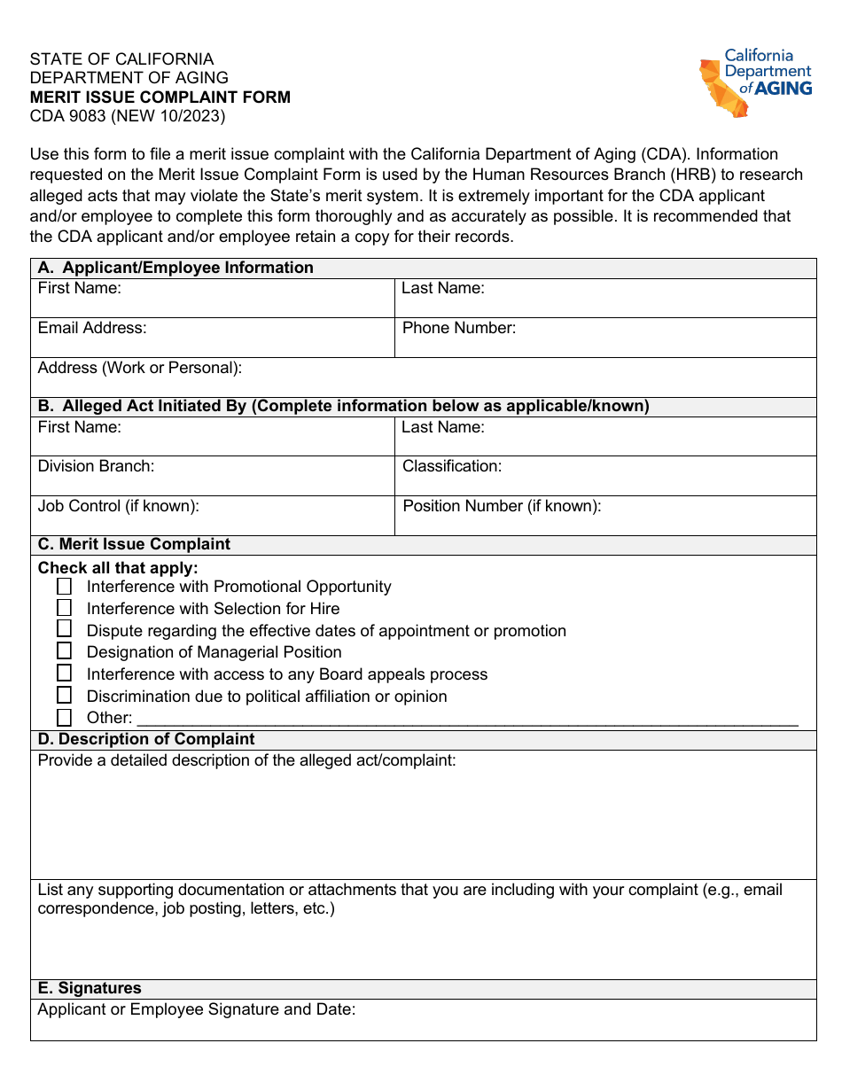 Form CDA9083 Merit Issue Complaint Form - California, Page 1