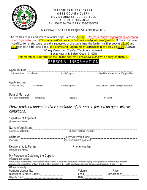 Marriage Search Request Application - Webb County, Texas Download Pdf