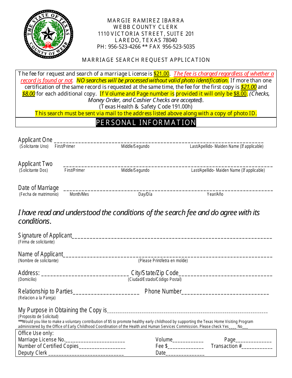 Marriage Search Request Application - Webb County, Texas, Page 1