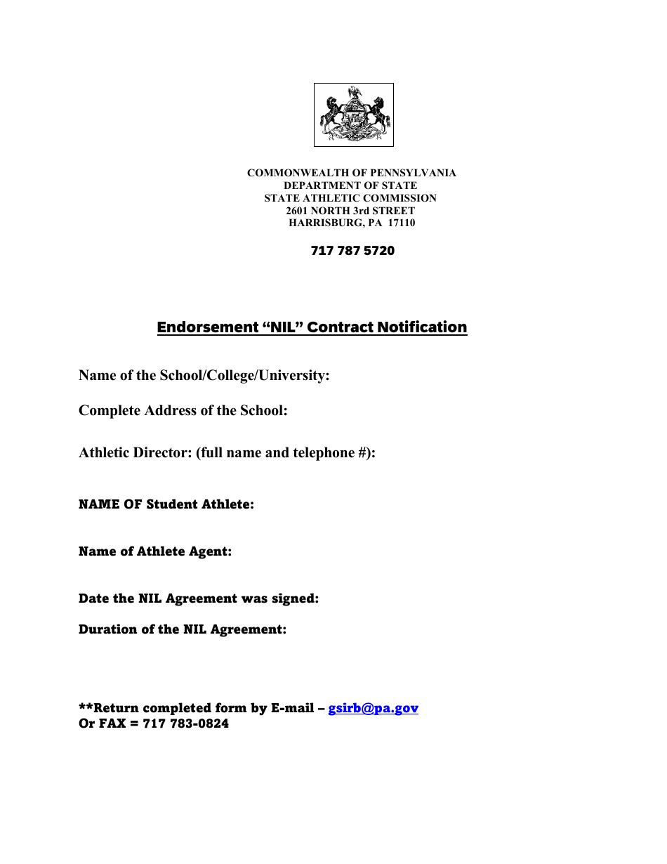 Endorsement nil Contract Notification - Pennsylvania, Page 1