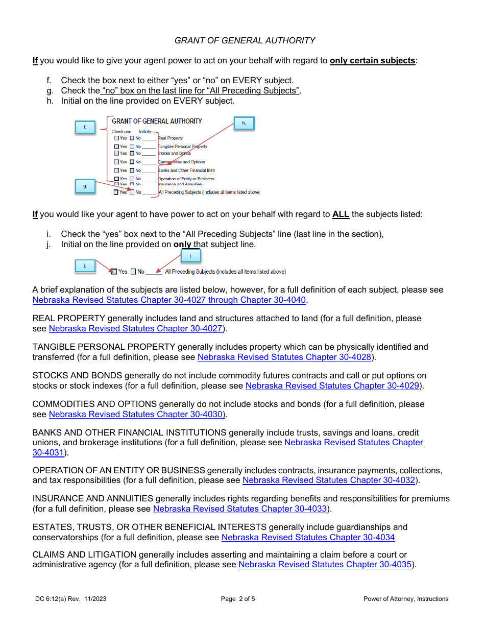 Instructions for Form DC6:12 Nebraska Power of Attorney - Nebraska, Page 2