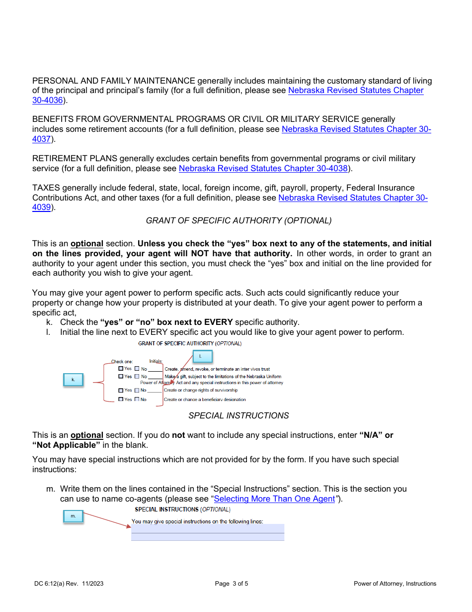 Instructions for Form DC6:12 Nebraska Power of Attorney - Nebraska, Page 3
