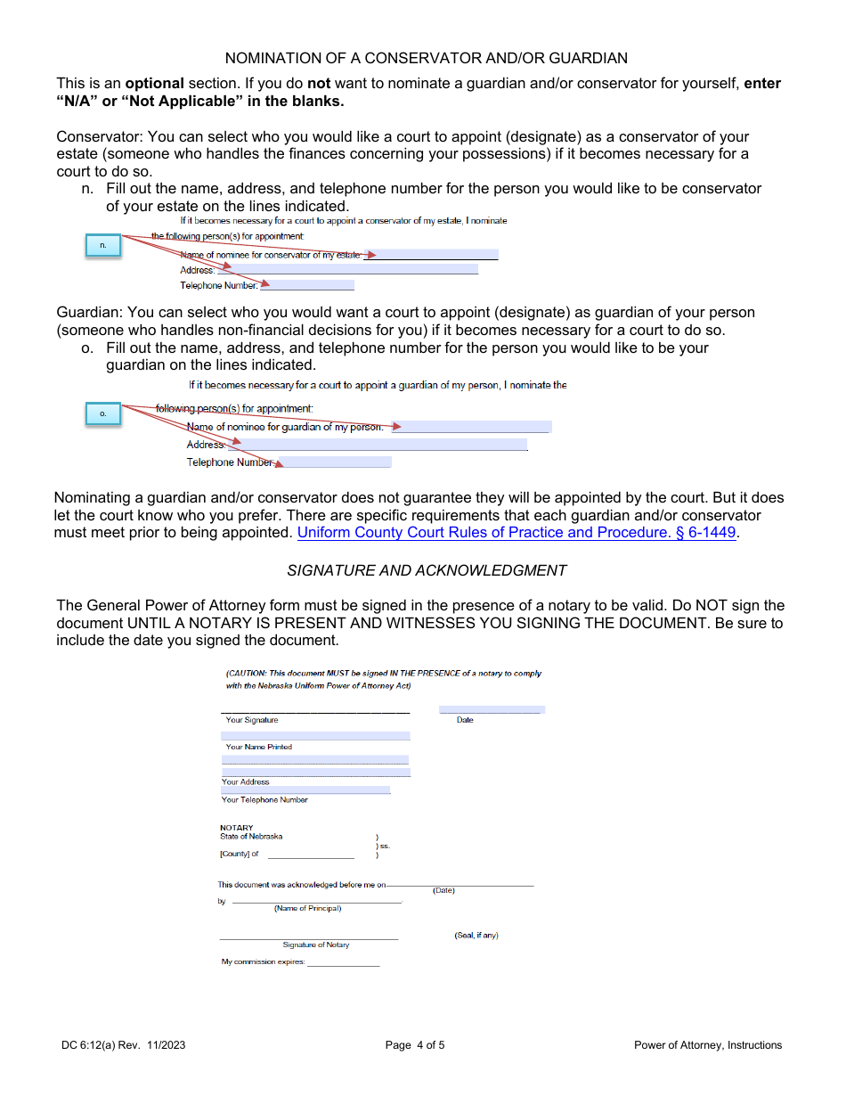 Instructions for Form DC6:12 Nebraska Power of Attorney - Nebraska, Page 4