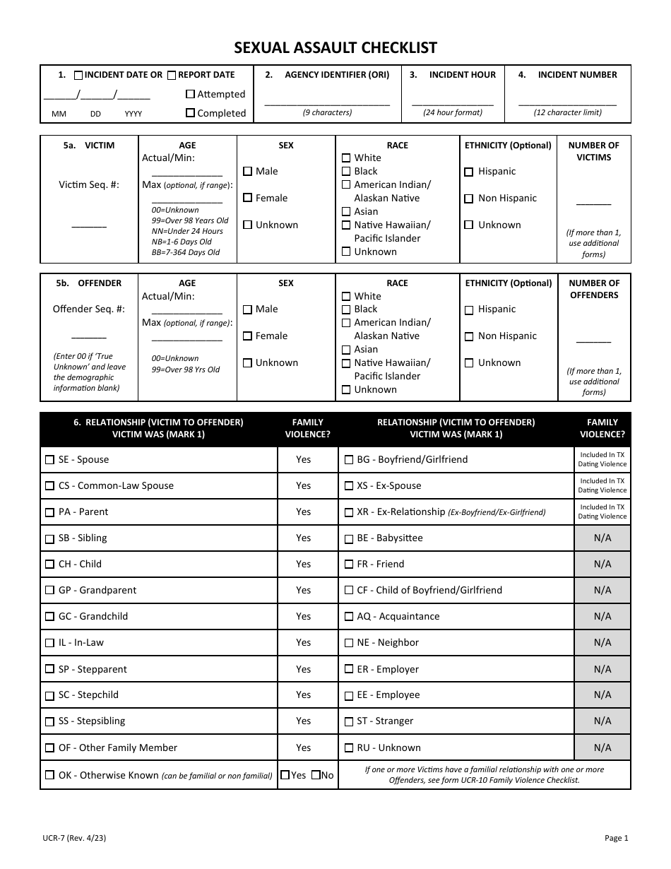 Form UCR-7 Sexual Assault Checklist - Texas, Page 1