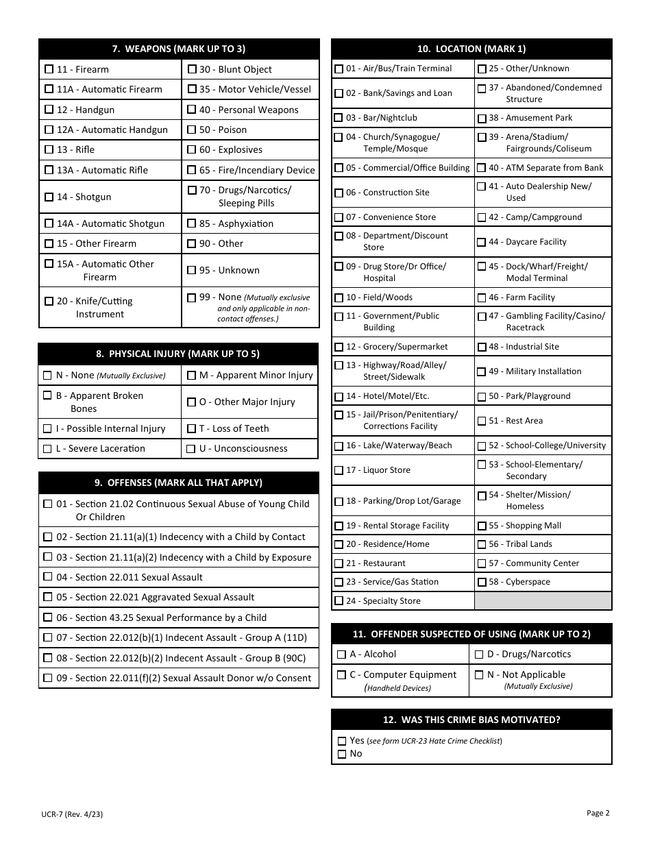 Form Ucr 7 Download Printable Pdf Or Fill Online Sexual Assault Checklist Texas 2018 — 2024 5302