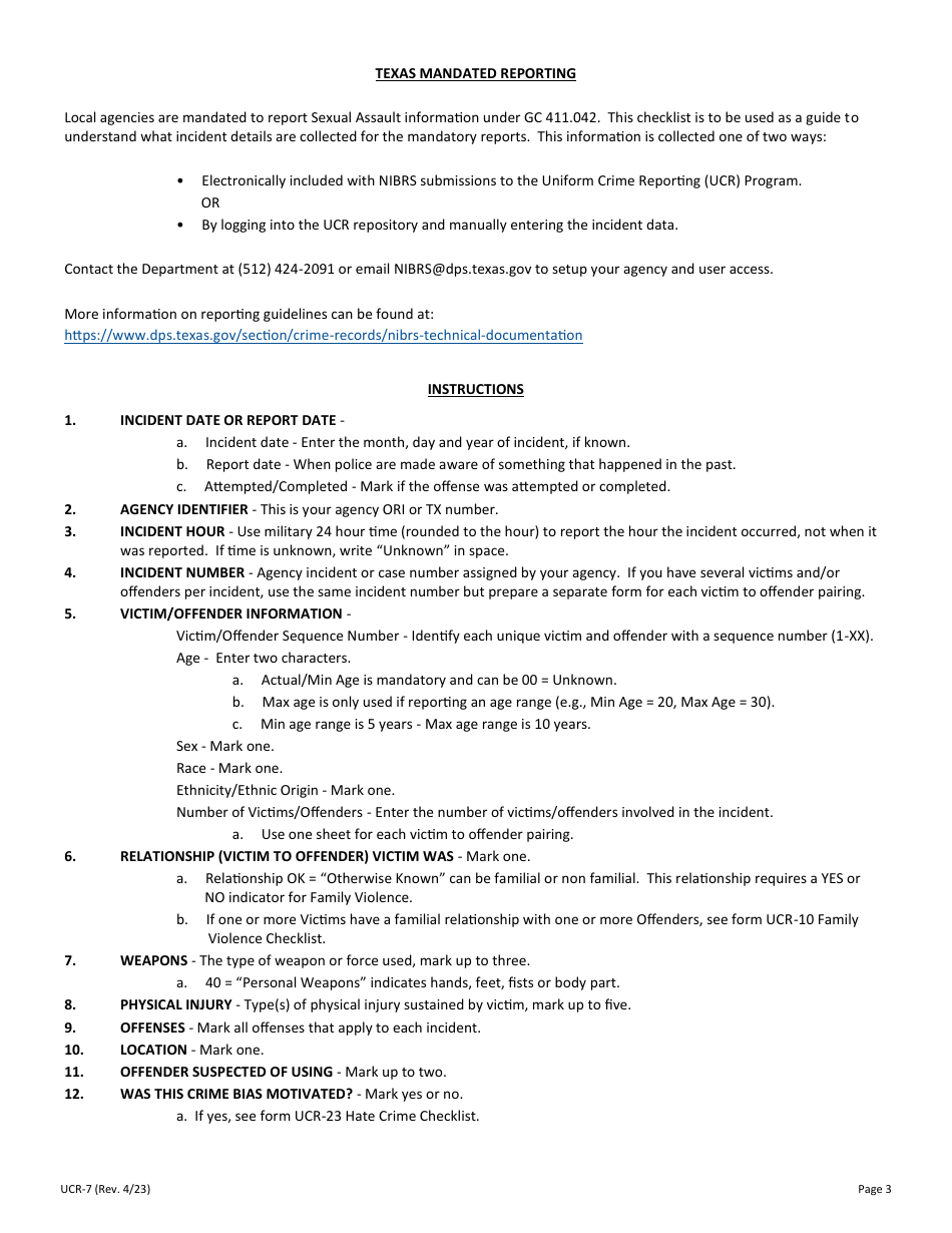 Form UCR-7 Sexual Assault Checklist - Texas, Page 3