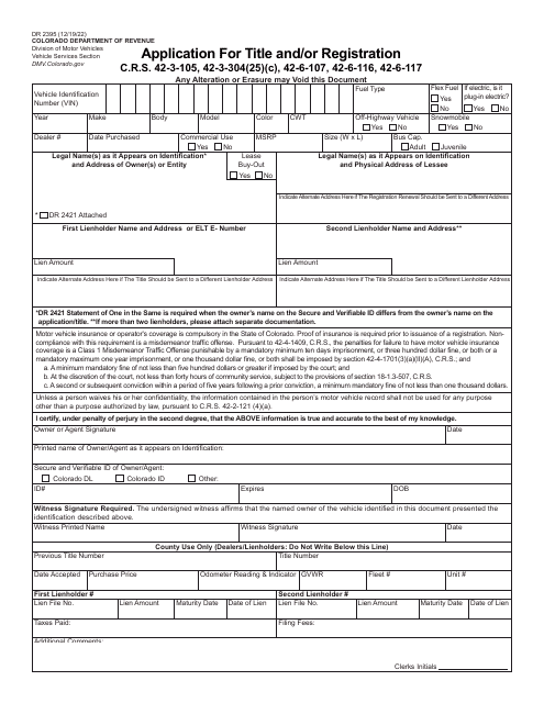 Form DR2395 Application for Title and/or Registration - Colorado