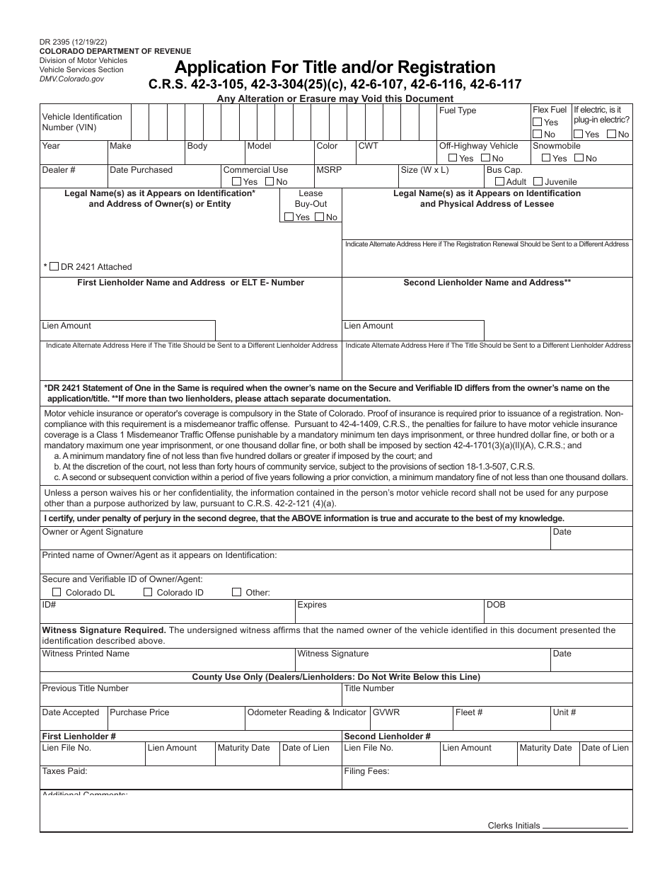Form DR2395 Fill Out, Sign Online and Download Fillable PDF, Colorado