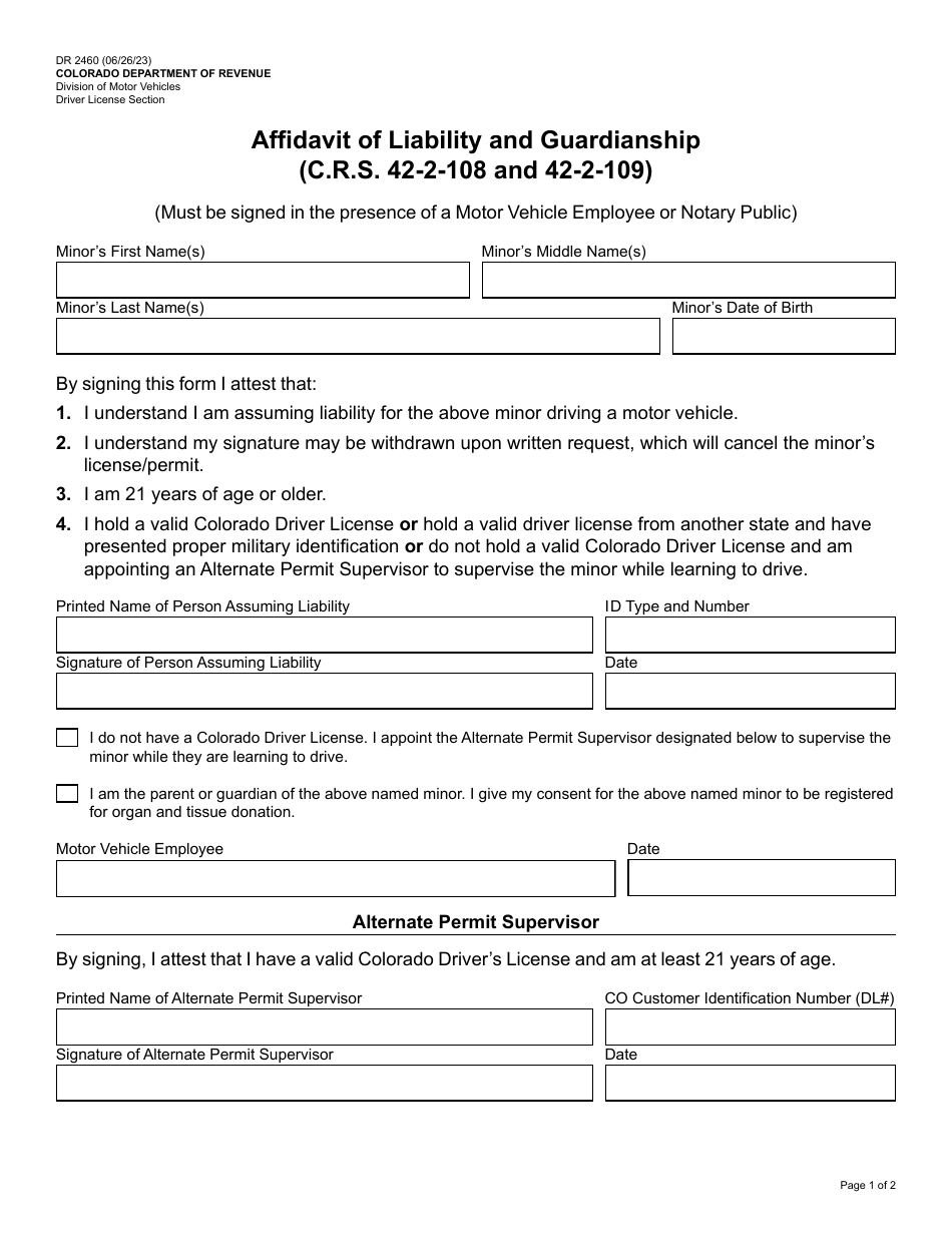 Form DR2460 Affidavit of Liability and Guardianship - Colorado, Page 1