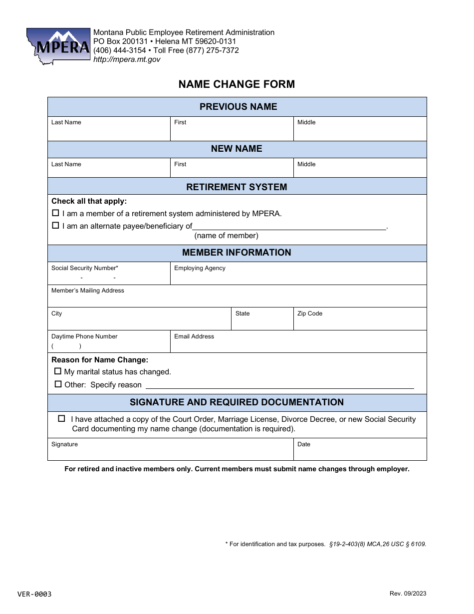 Form VER-0003 Name Change Form - Montana, Page 1