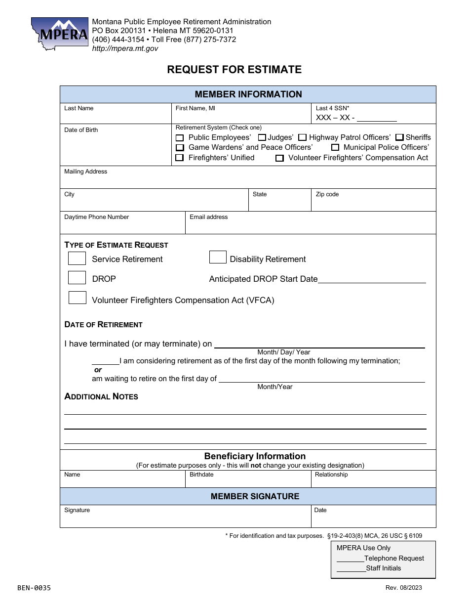 Form BEN-0035 Request for Estimate - Montana, Page 1