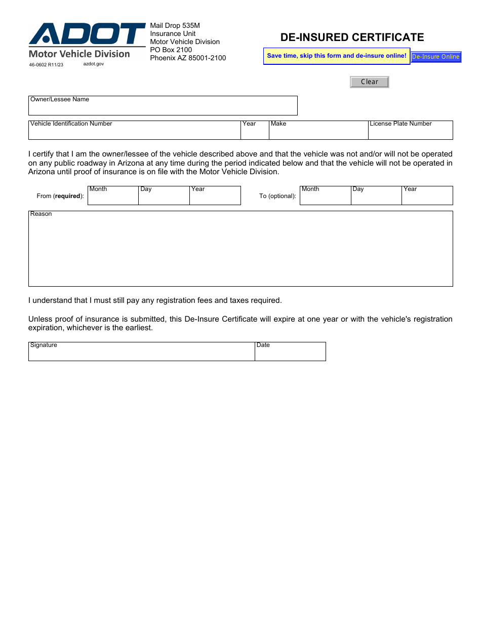Form 46-0602 De-insured Certificate - Arizona, Page 1