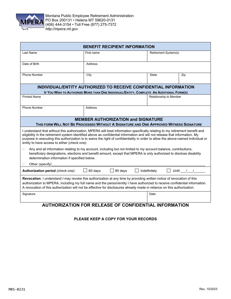 Form MBS-0231 Authorization for Release of Confidential Information - Montana, Page 1
